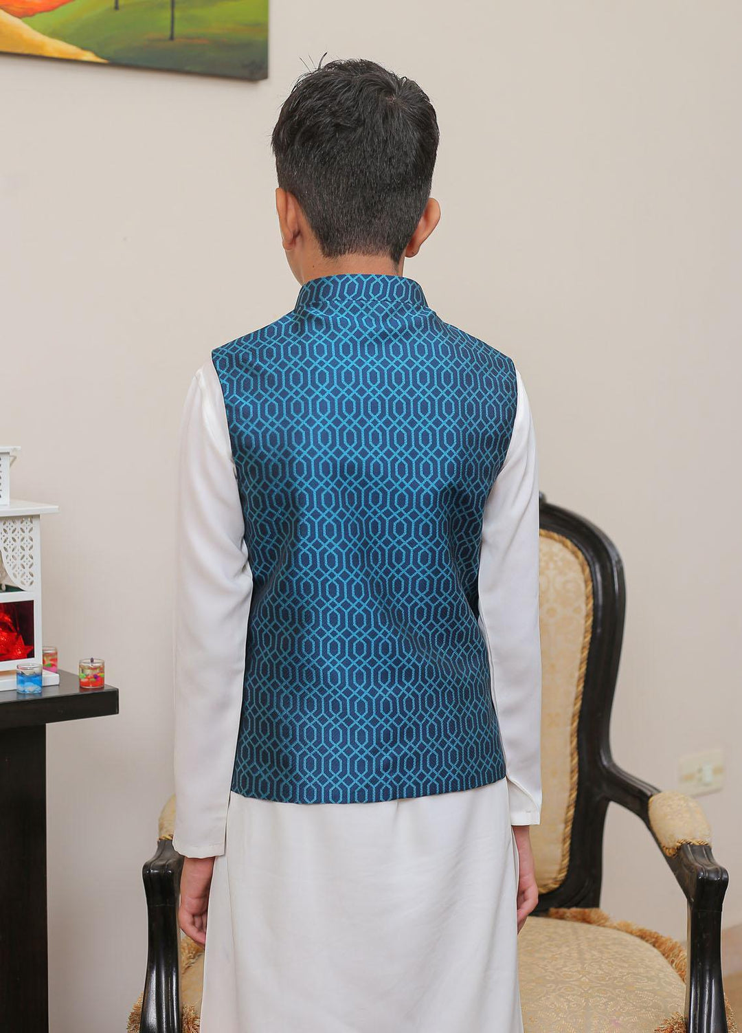 Real Image Jamawar Smart Fit Waistcoat for Kids -  KW-001 Firozi