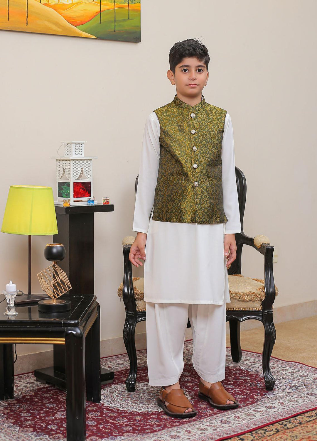 Real Image Jamawar Smart Fit Waistcoat for Kids -  KW-002 Grn Yellow