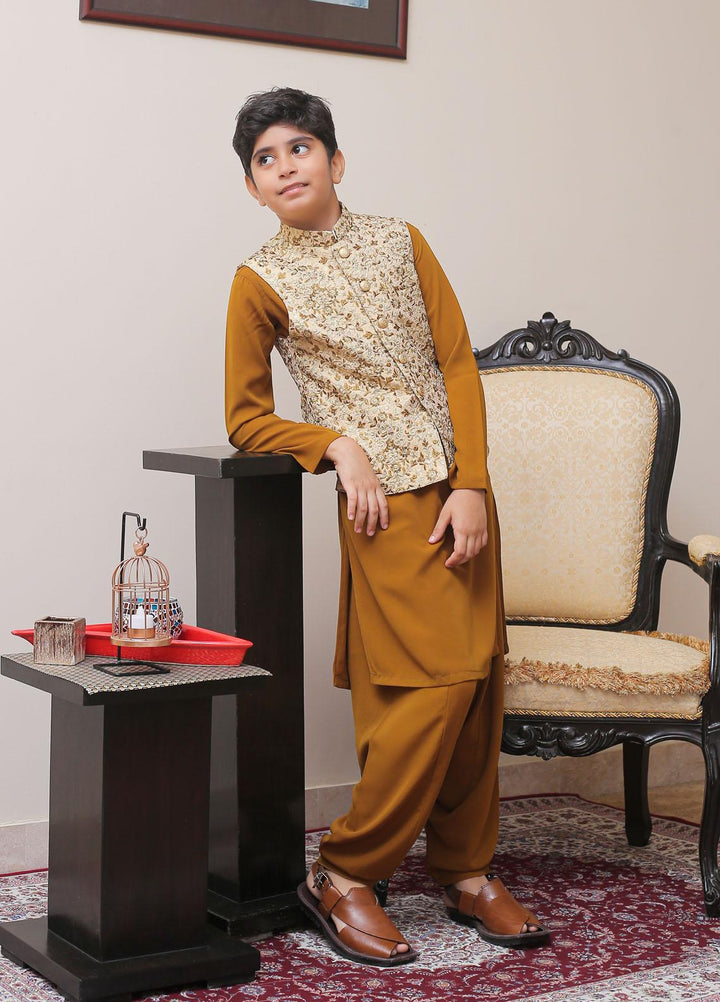 Real Image Jamawar Smart Fit Waistcoat for Kids -  OKW-002 Gold