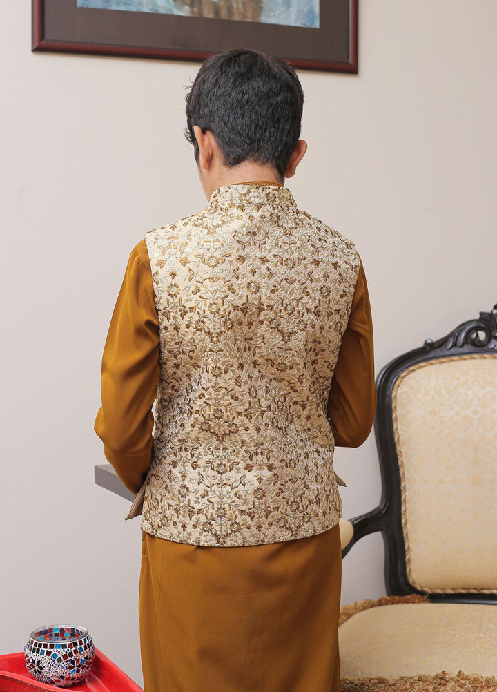 Real Image Jamawar Smart Fit Waistcoat for Kids -  OKW-002 Gold