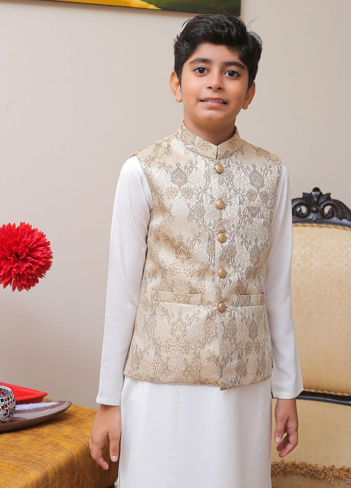 Real Image Jamawar Smart Fit Waistcoat for Kids -  OKW-005 Gold Brown