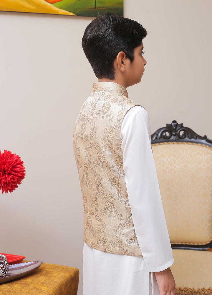 Real Image Jamawar Smart Fit Waistcoat for Kids -  OKW-005 Gold Brown