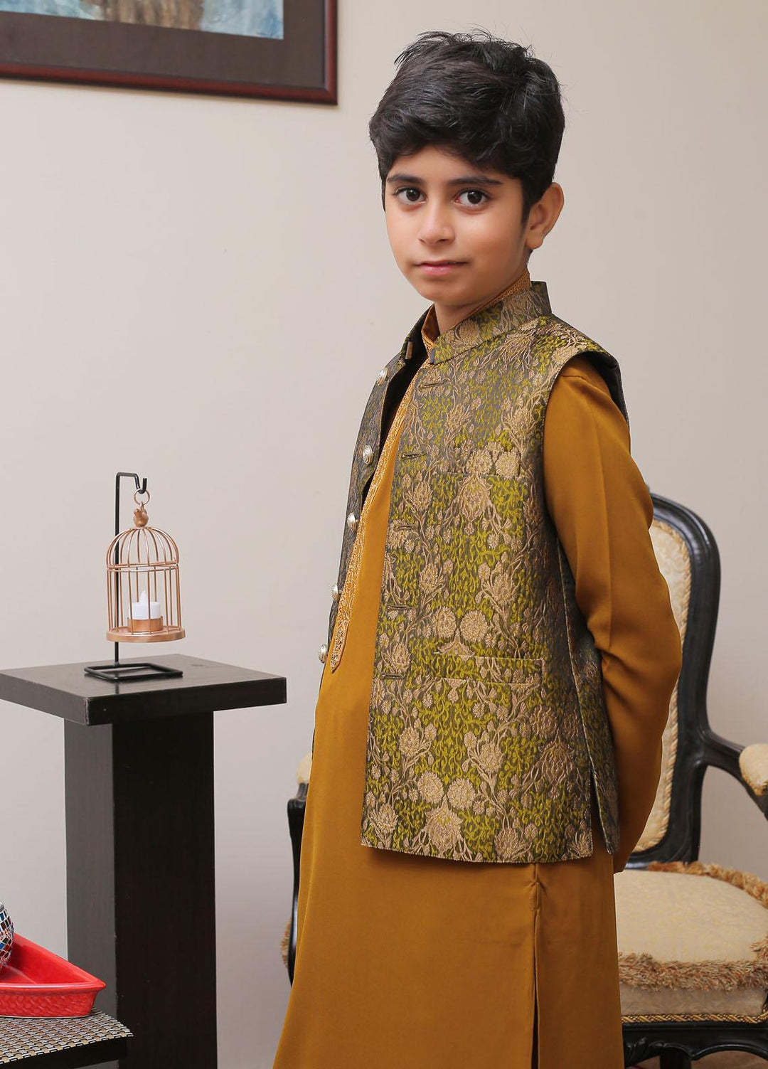 Real Image Jamawar Smart Fit Waistcoat for Kids -  OKW-006 Green