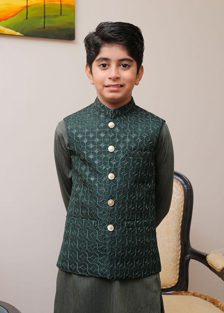 Real Image Raw Silk Smart Fit Waistcoat for Kids -  OKW-009 Drk Green