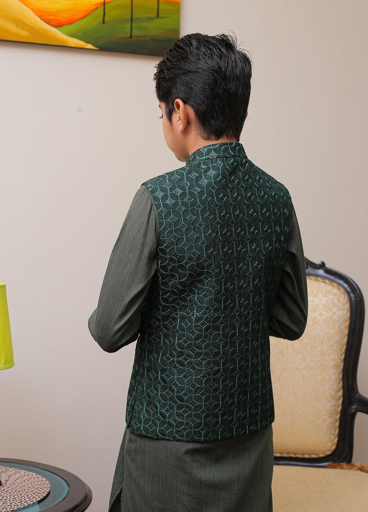 Real Image Raw Silk Smart Fit Waistcoat for Kids -  OKW-009 Drk Green