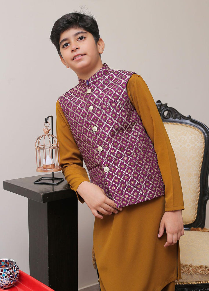 Real Image Raw Silk Smart Fit Waistcoat for Kids -  OKW-013 Purple Gold