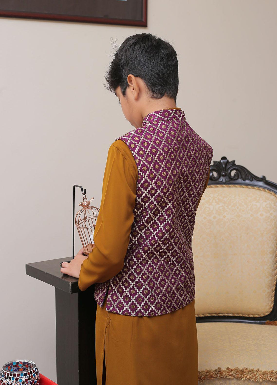 Real Image Raw Silk Smart Fit Waistcoat for Kids -  OKW-013 Purple Gold