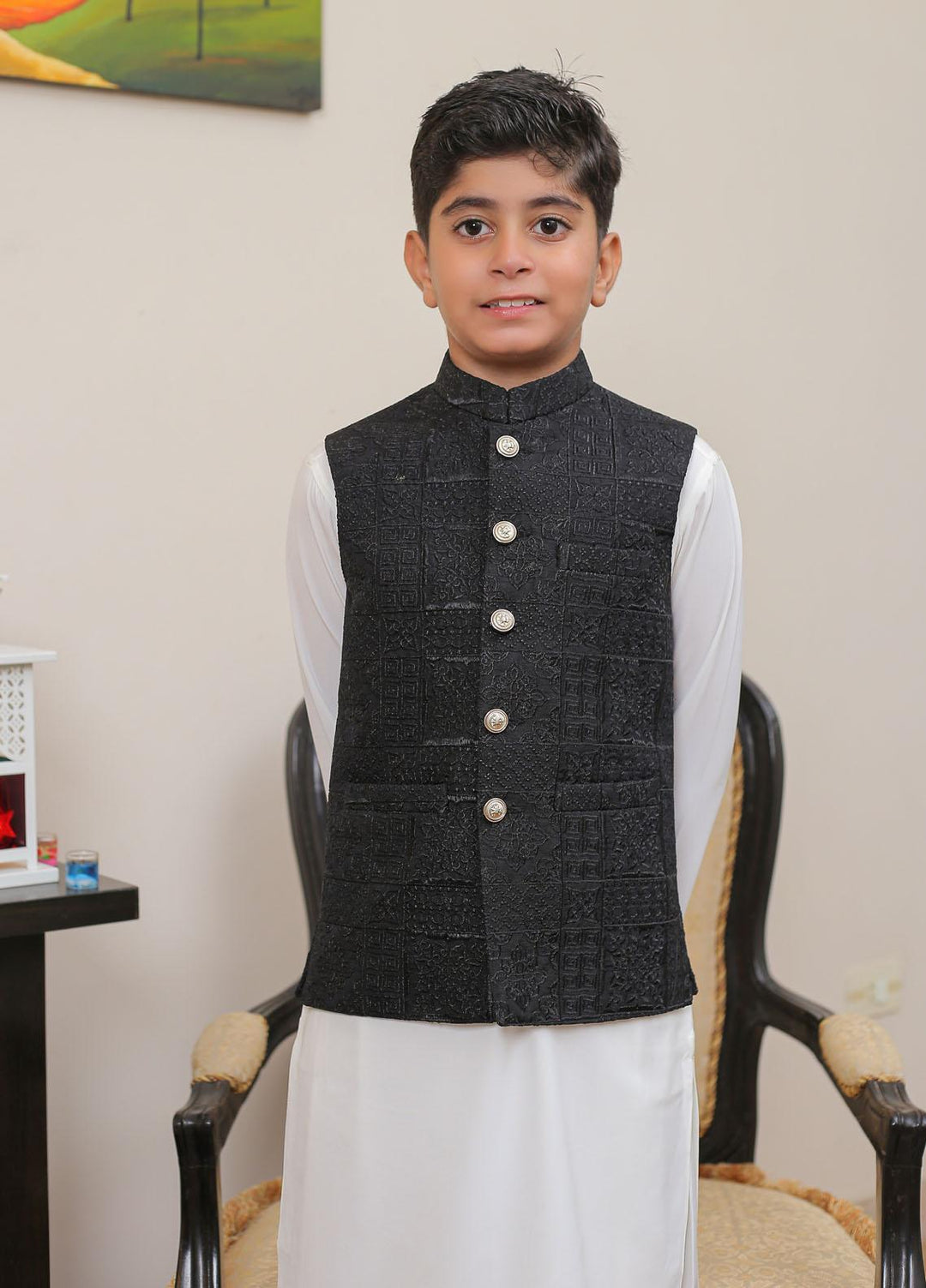 Real Image Raw Silk Smart Fit Waistcoat for Kids -  OKW-015 Black