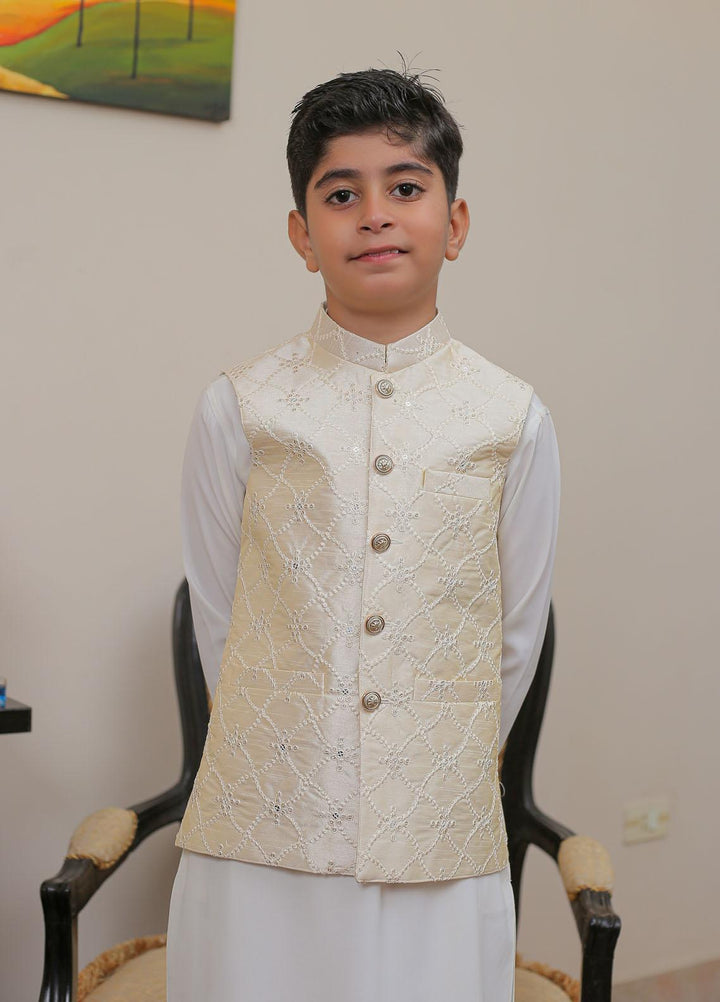Real Image Raw Silk Smart Fit Waistcoat for Kids -  OKW-016 Pearl Cream