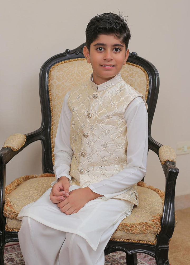 Real Image Raw Silk Smart Fit Waistcoat for Kids -  OKW-016 Pearl Cream