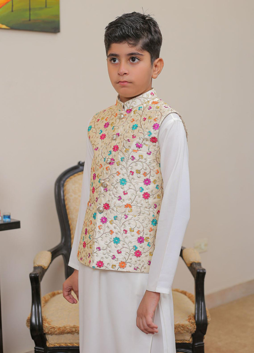 Real Image Raw Silk Smart Fit Waistcoat for Kids -  OKW-017 Pearl Multi
