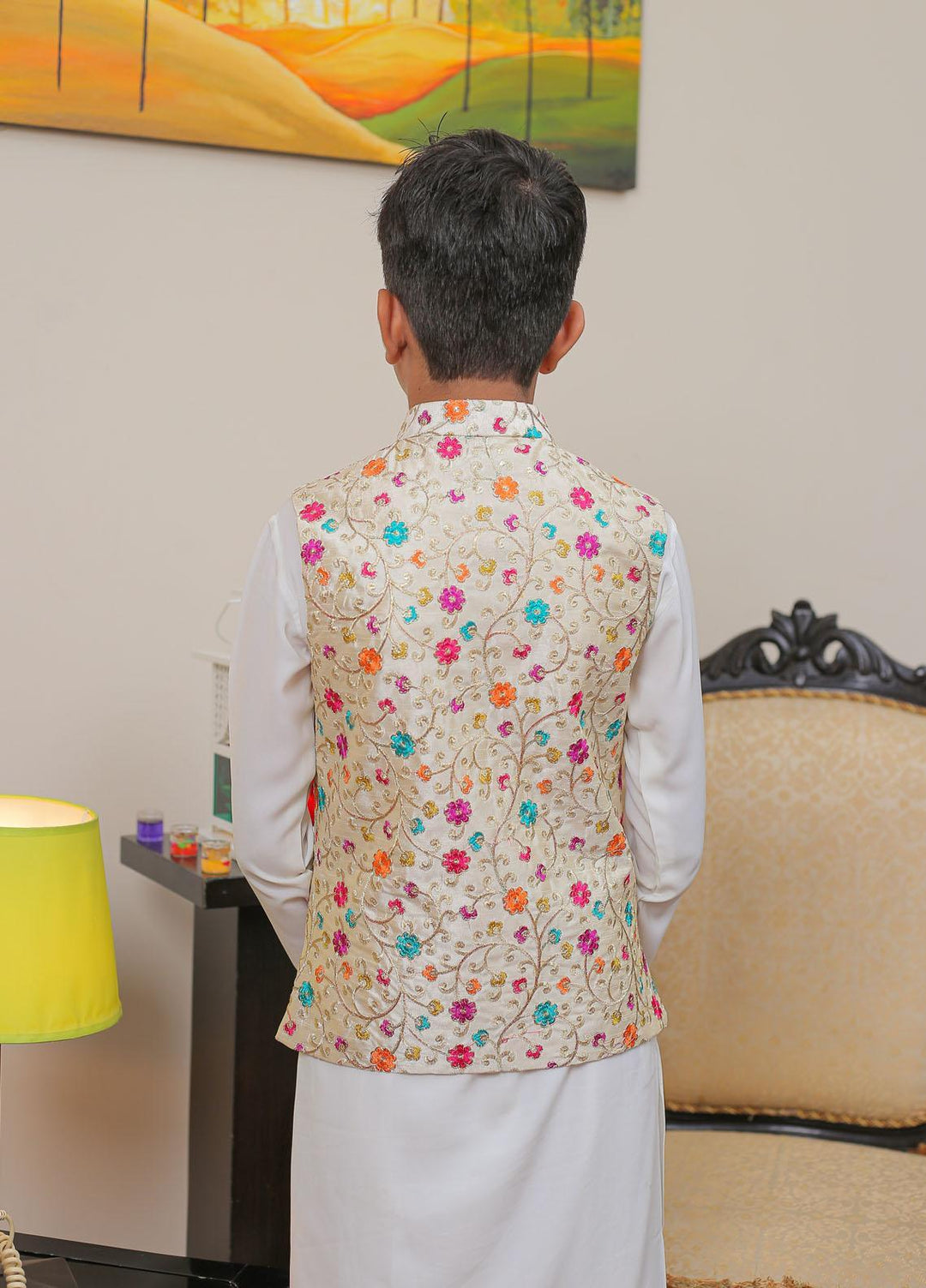 Real Image Raw Silk Smart Fit Waistcoat for Kids -  OKW-017 Pearl Multi