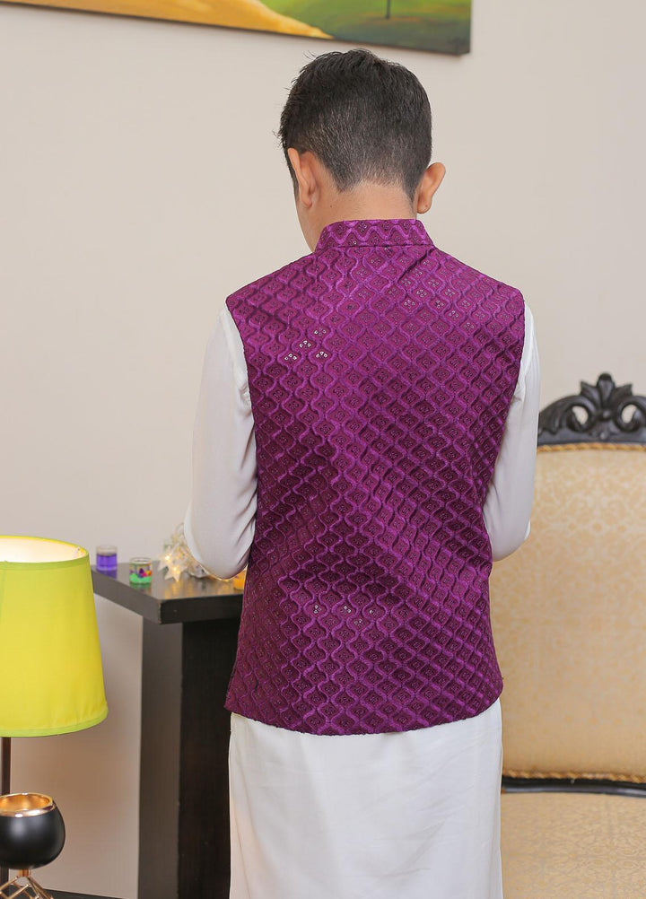 Real Image Raw Silk Smart Fit Waistcoat for Kids -  OKW-018 Purple