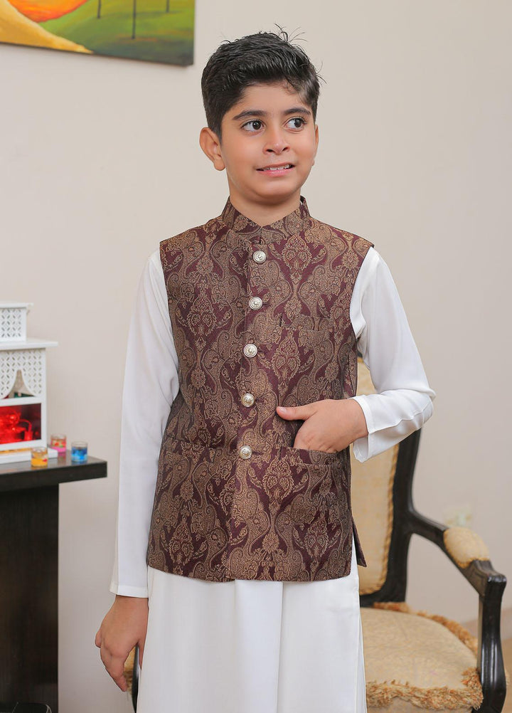 Real Image Jamawar Smart Fit Waistcoat for Kids -  OKW-020 Maroon Brn