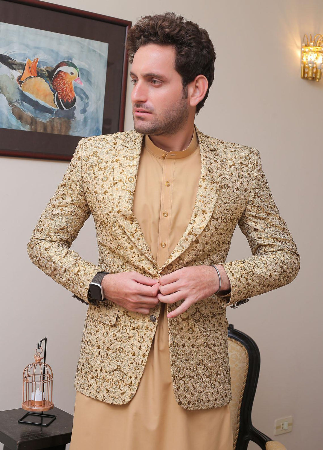 Real Image Jamawar Formal Coat for Men -  OC - 002 Gold