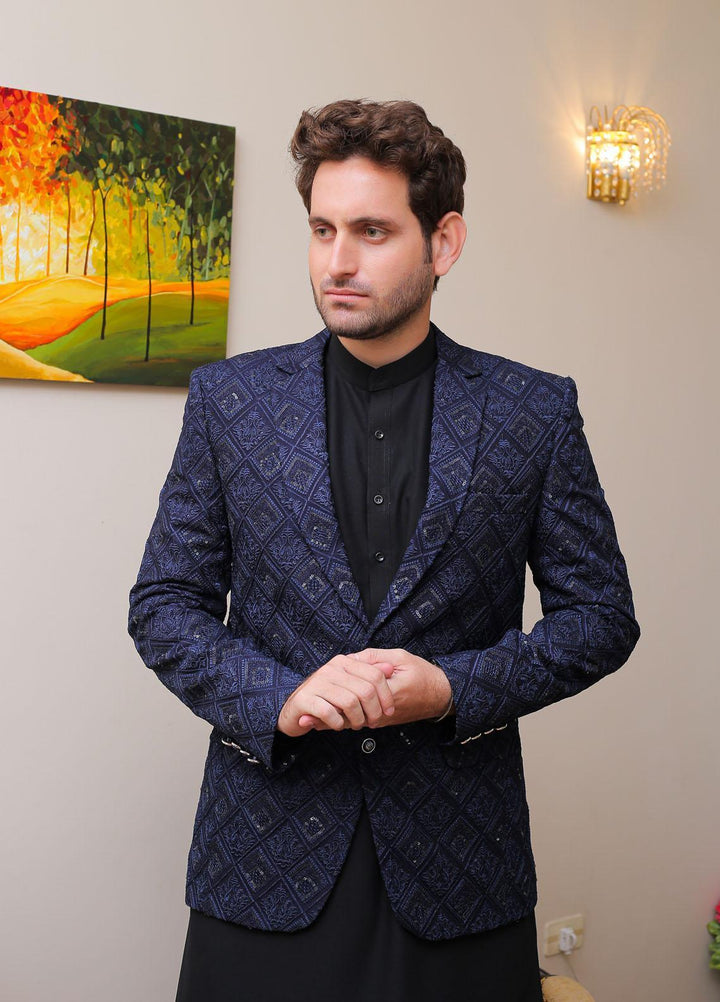 Real Image Raw Silk Formal Coat for Men -  OC - 008 Navy Blue
