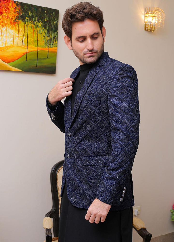 Real Image Raw Silk Formal Coat for Men -  OC - 008 Navy Blue