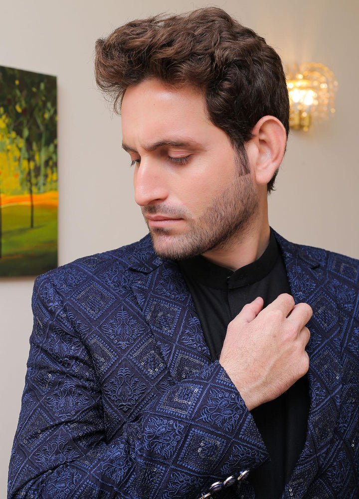 Real Image Raw Silk Formal Coat for Men -  OC - 008 Navy Blue