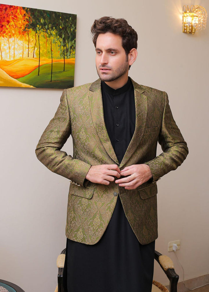 Real Image Jamawar Formal Coat for Men -  OC - 010 Green Brown