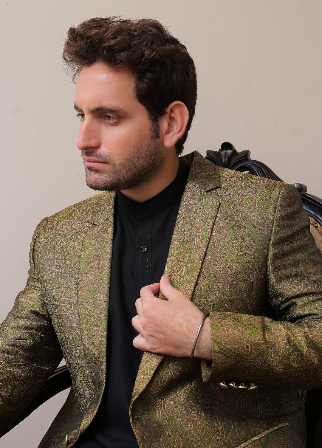Real Image Jamawar Formal Coat for Men -  OC - 010 Green Brown