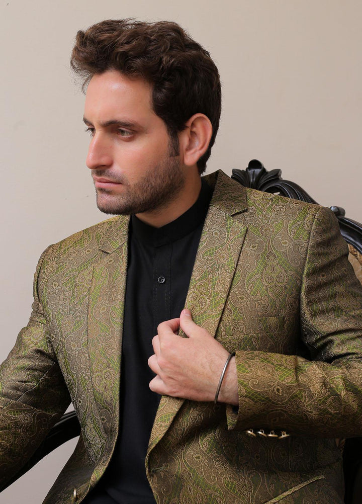 Real Image Jamawar Formal Coat for Men -  OC - 010 Green Brown