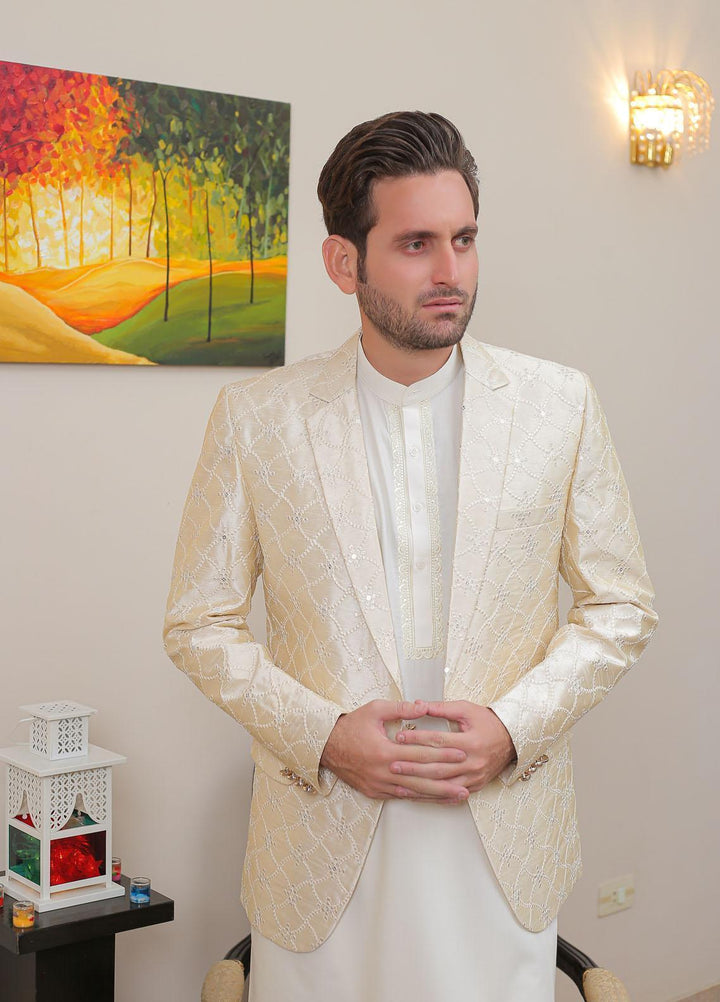 Real Image Raw Silk Formal Coat for Men -  OC - 016 Pearl cream
