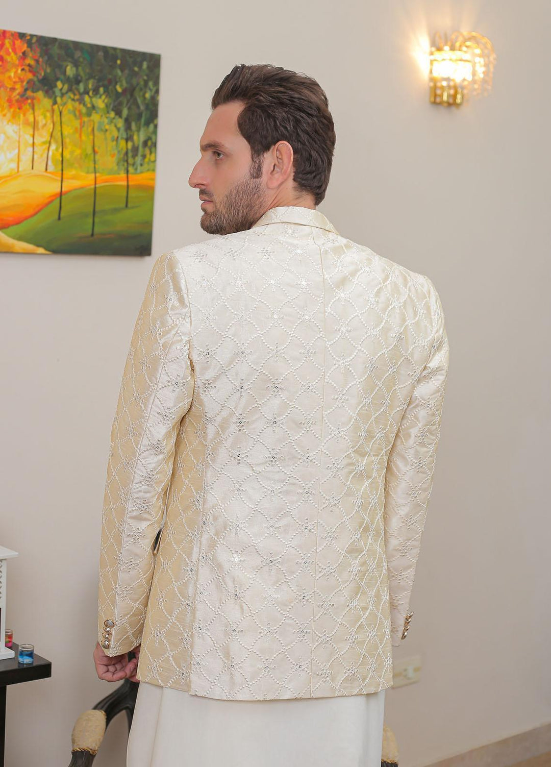 Real Image Raw Silk Formal Coat for Men -  OC - 016 Pearl cream