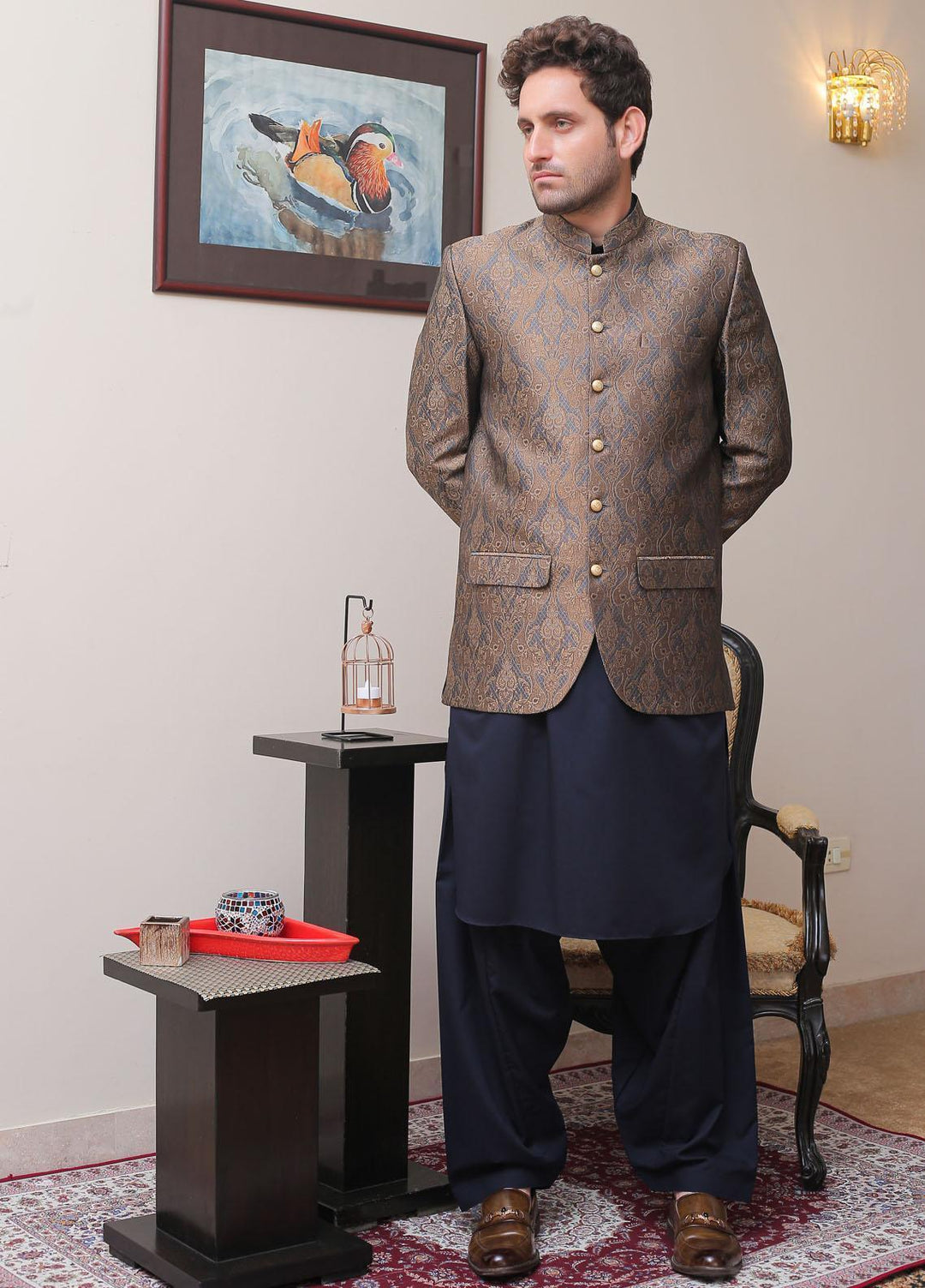 Real Image Jamawar Formal Prince Coat for Men -  OPC - 007 Grey Brown