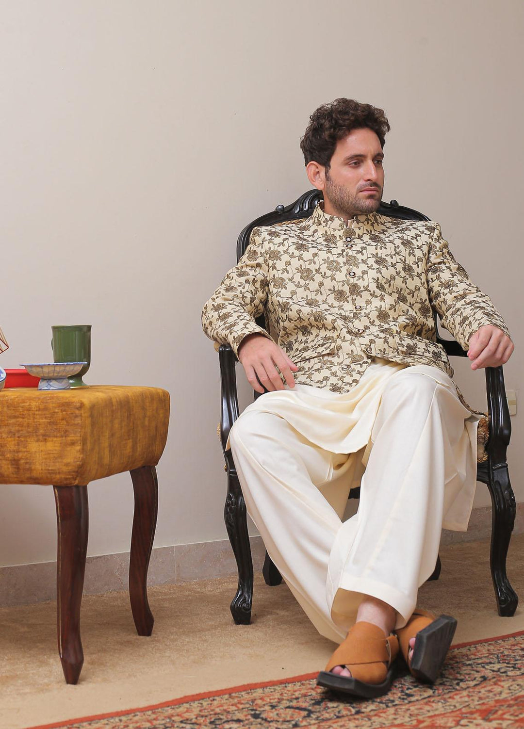 Real Image Cotton Silk Formal Prince Coat for Men -  OPC - 012 Brown Gold