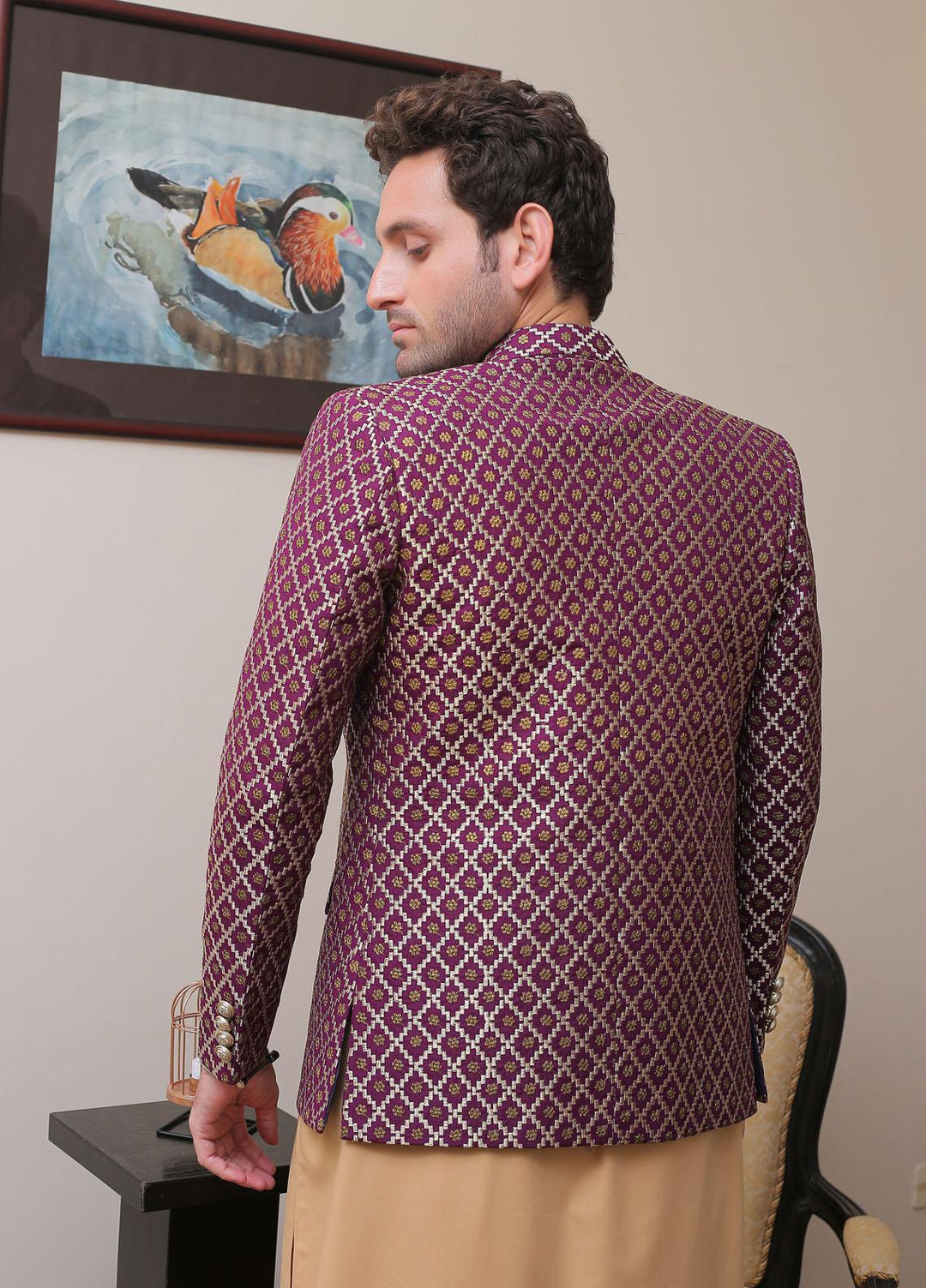Real Image Raw Silk Formal Prince Coat for Men -  OPC - 013 Purple Gold
