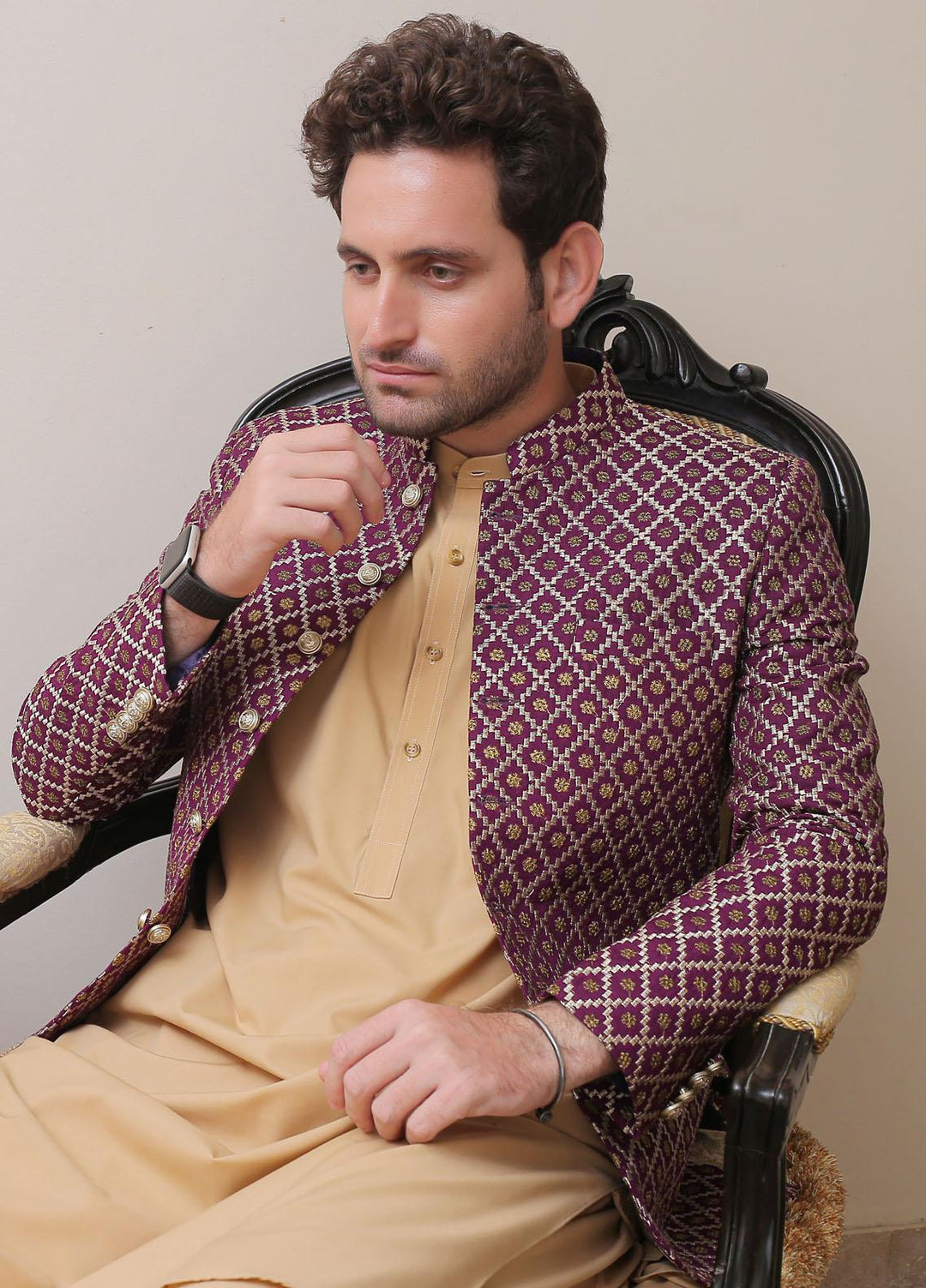 Real Image Raw Silk Formal Prince Coat for Men -  OPC - 013 Purple Gold