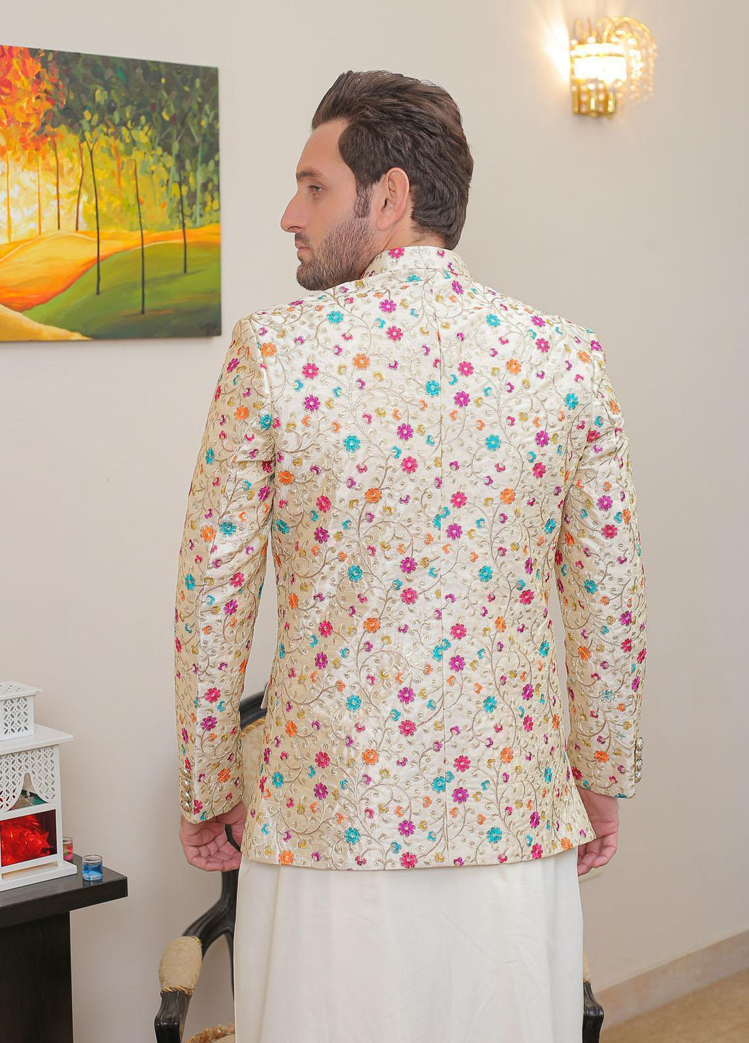 Real Image Raw Silk Formal Prince Coat for Men -  OPC - 017 Pearl Multi