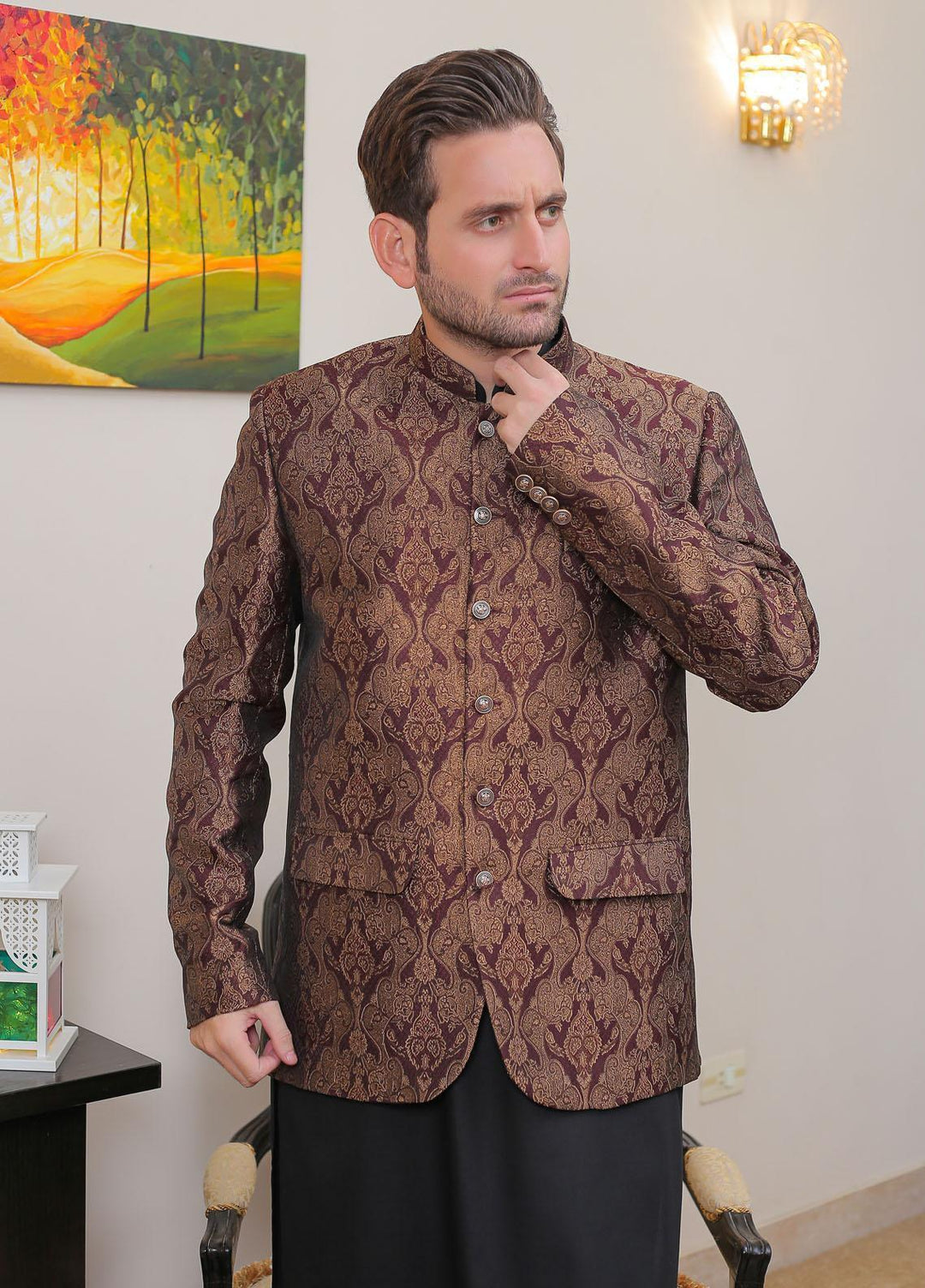 Real Image Jamawar Formal Prince Coat for Men -  OPC - 020 Maroon Blk