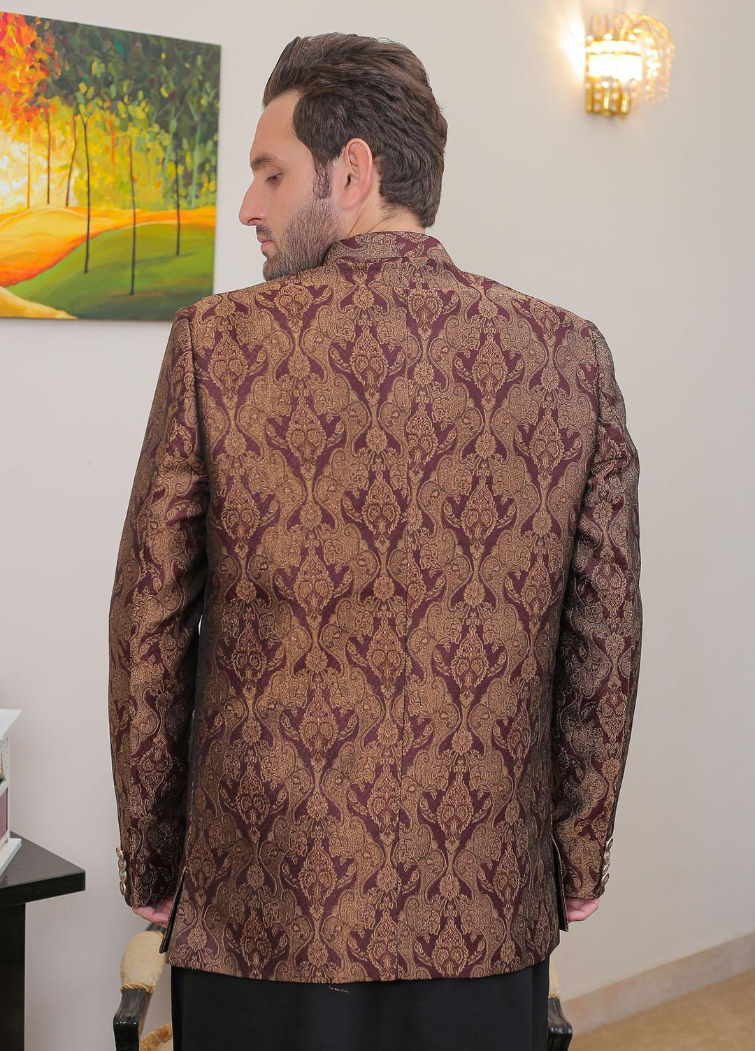 Real Image Jamawar Formal Prince Coat for Men -  OPC - 020 Maroon Blk