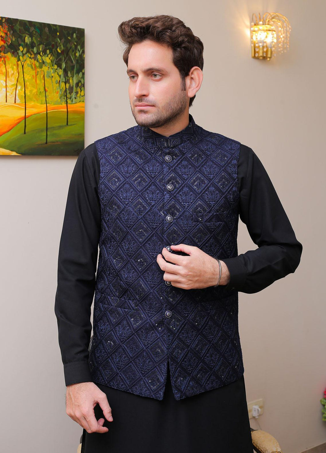 Real Image Raw Silk Formal Waistcoat for Men -  OW - 008 Navy Blue