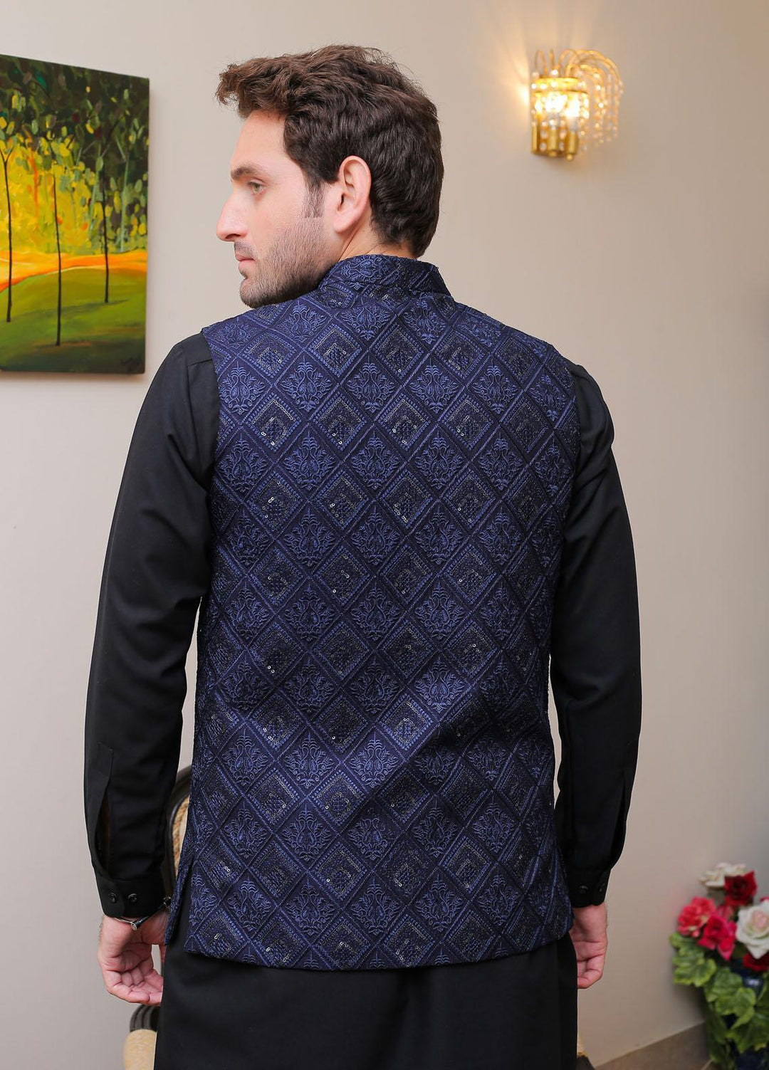 Real Image Raw Silk Formal Waistcoat for Men -  OW - 008 Navy Blue