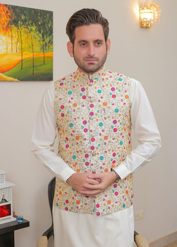 Real Image Raw Silk Formal Waistcoat for Men -  OW - 017 Pearl Multi