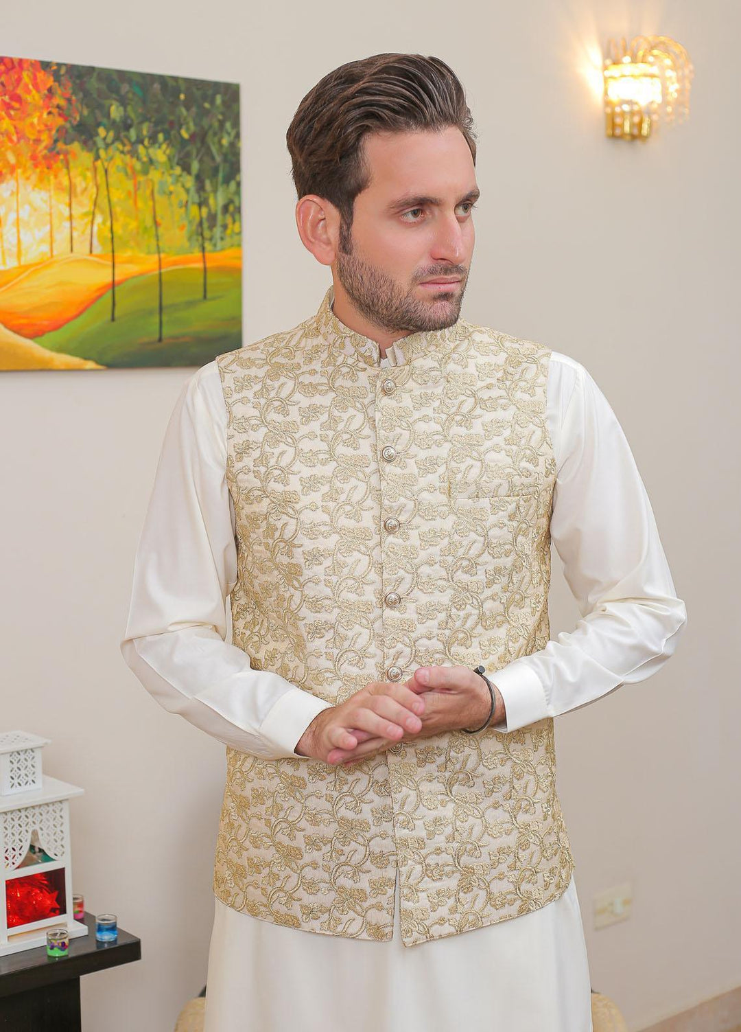 Real Image Raw Silk Formal Waistcoat for Men -  OW - 019 Gold