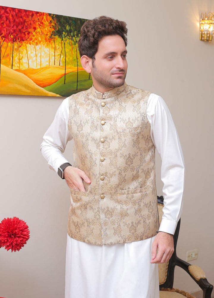 Real Image Jamawar Formal Waistcoat for Men -  OWP - 005 Gold Brown