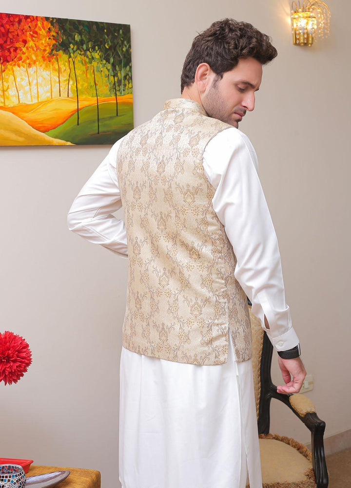 Real Image Jamawar Formal Waistcoat for Men -  OWP - 005 Gold Brown