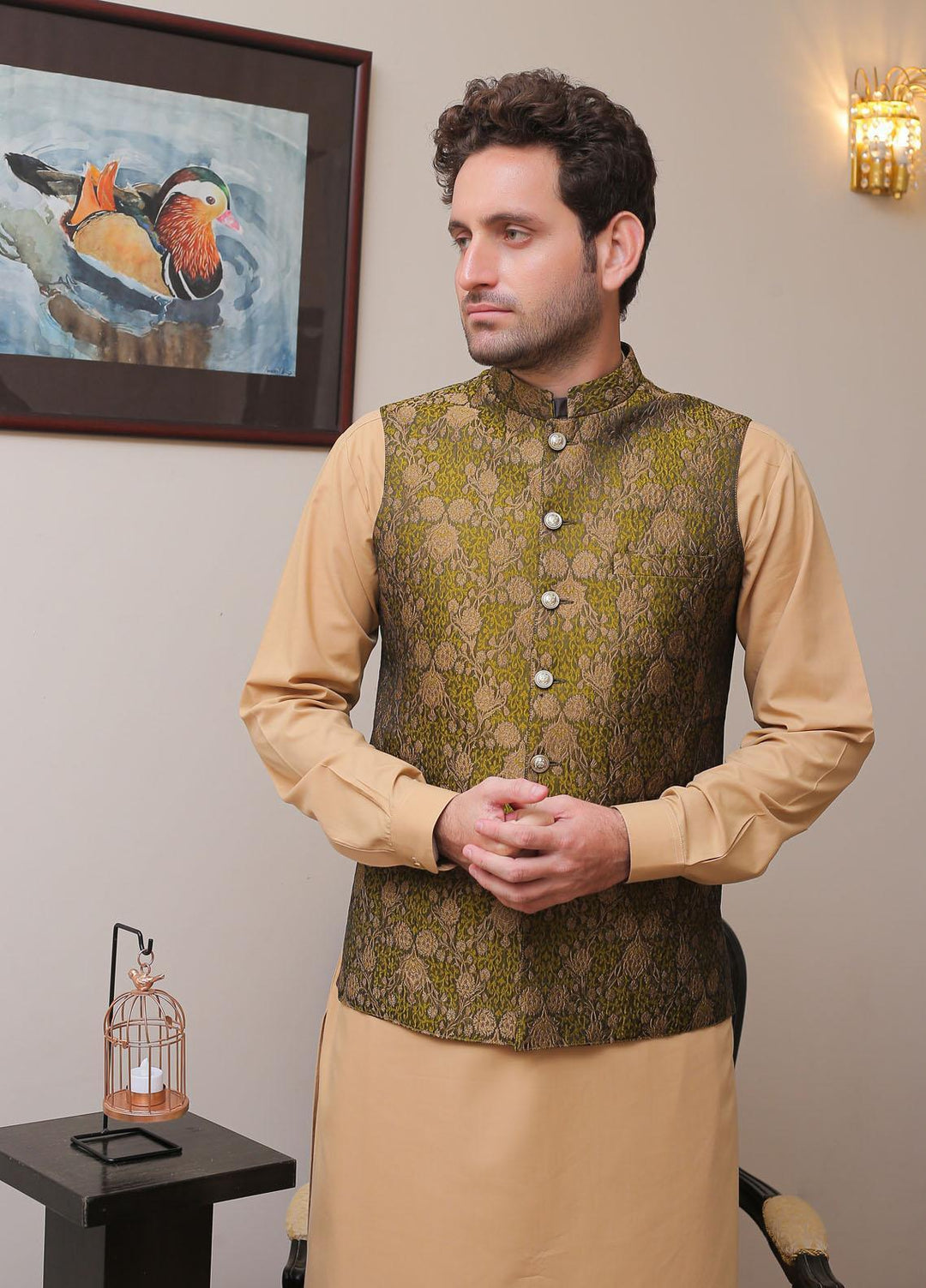 Real Image Jamawar Formal Waistcoat for Men -  OWP - 006 Green