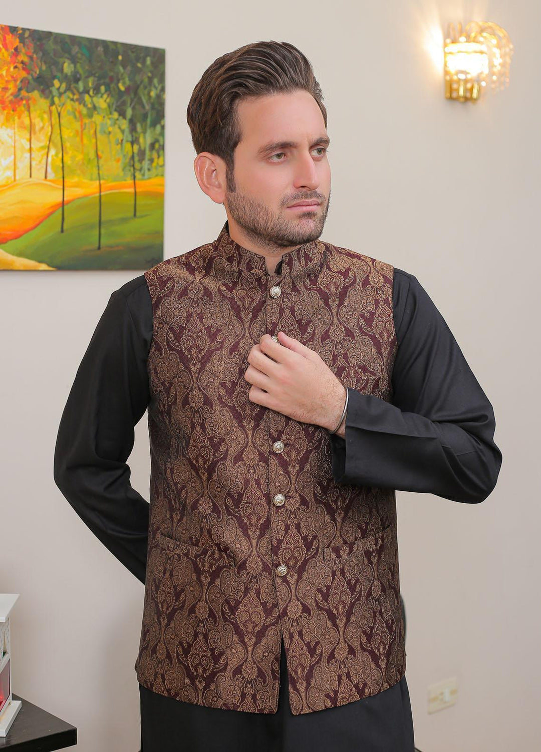 Real Image Jamawar Formal Waistcoat for Men -  OWP - 020 Maroon Blk