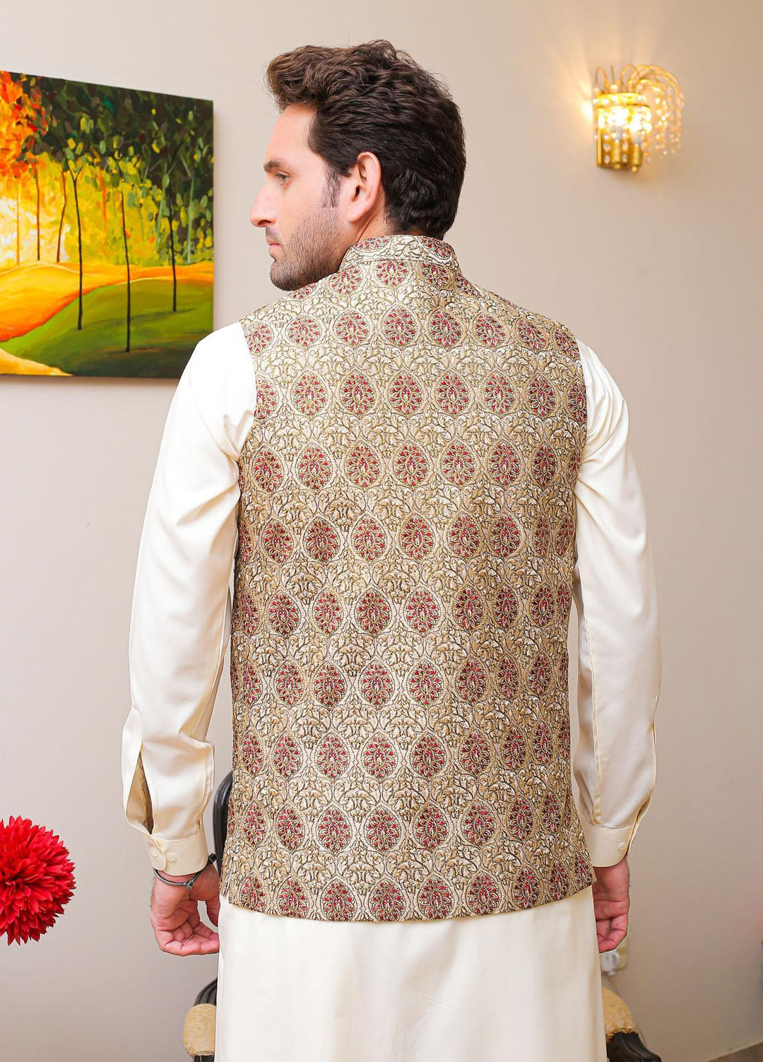 Real Image  Formal Waistcoat for Men -  W - 144 Gold Maroon