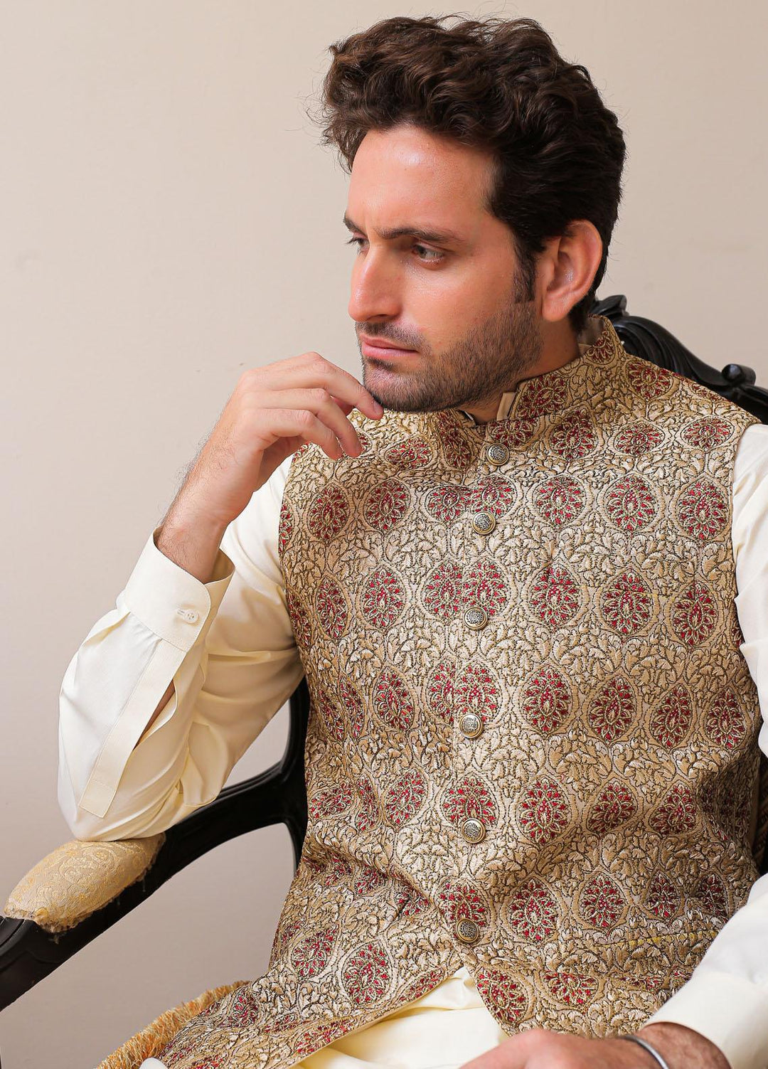 Real Image  Formal Waistcoat for Men -  W - 144 Gold Maroon