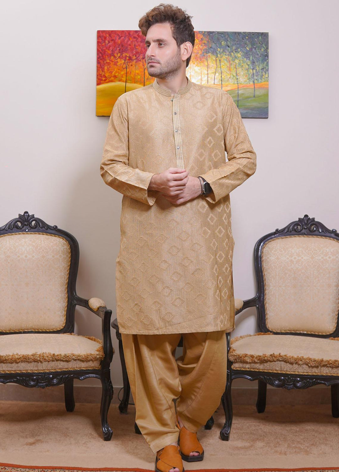 Real Image Wash N Wear Formal Men Kameez Shalwar -  D-489 Gold