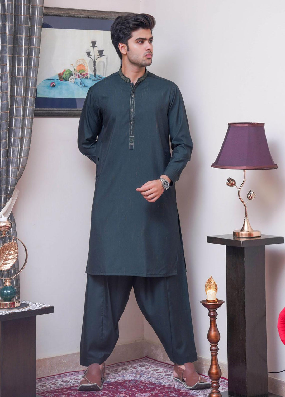 Real Image  Formal Kameez Shalwar for Men -  D-517 Green