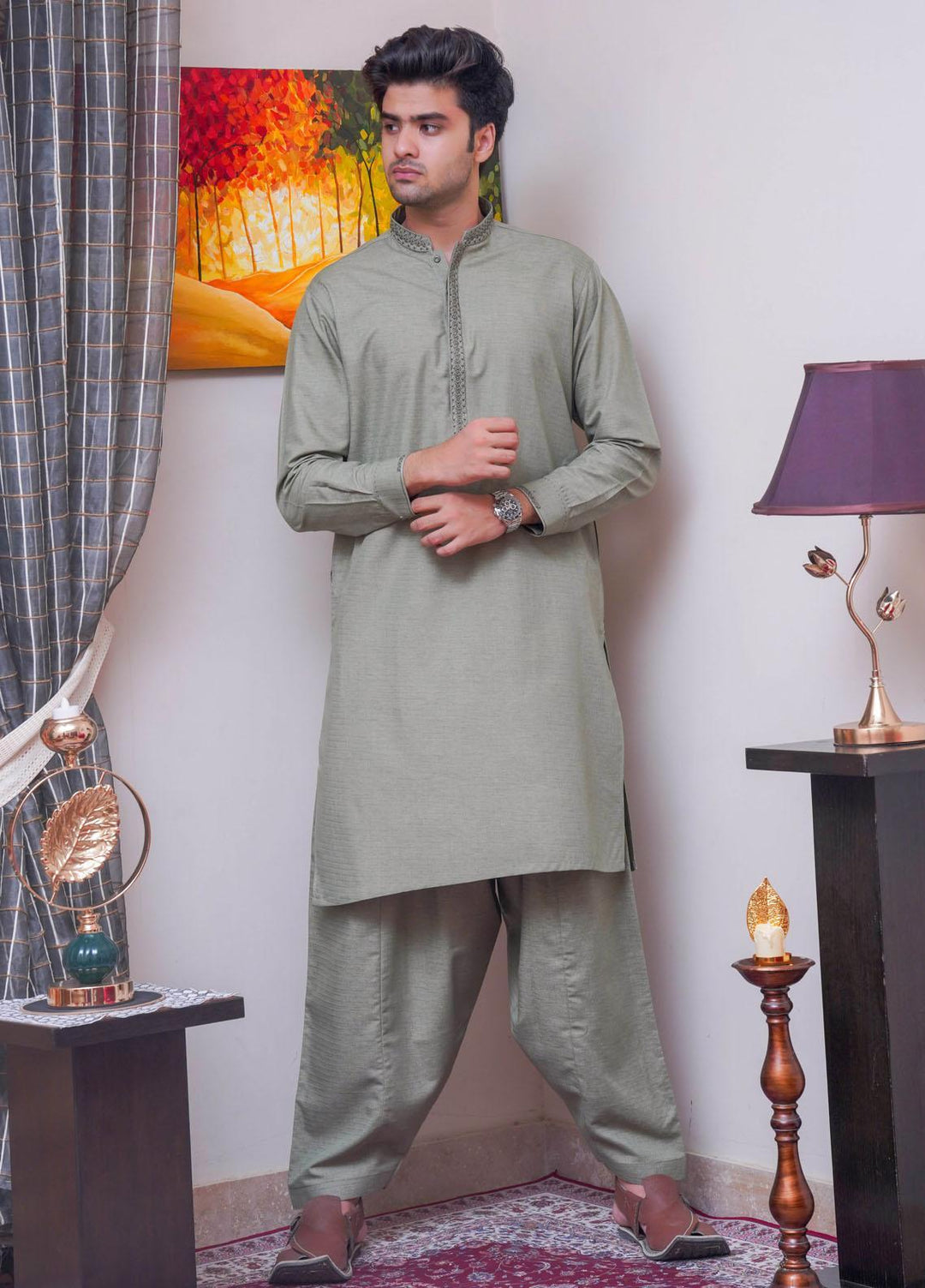 Real Image  Formal Kameez Shalwar for Men -  D-521 Green