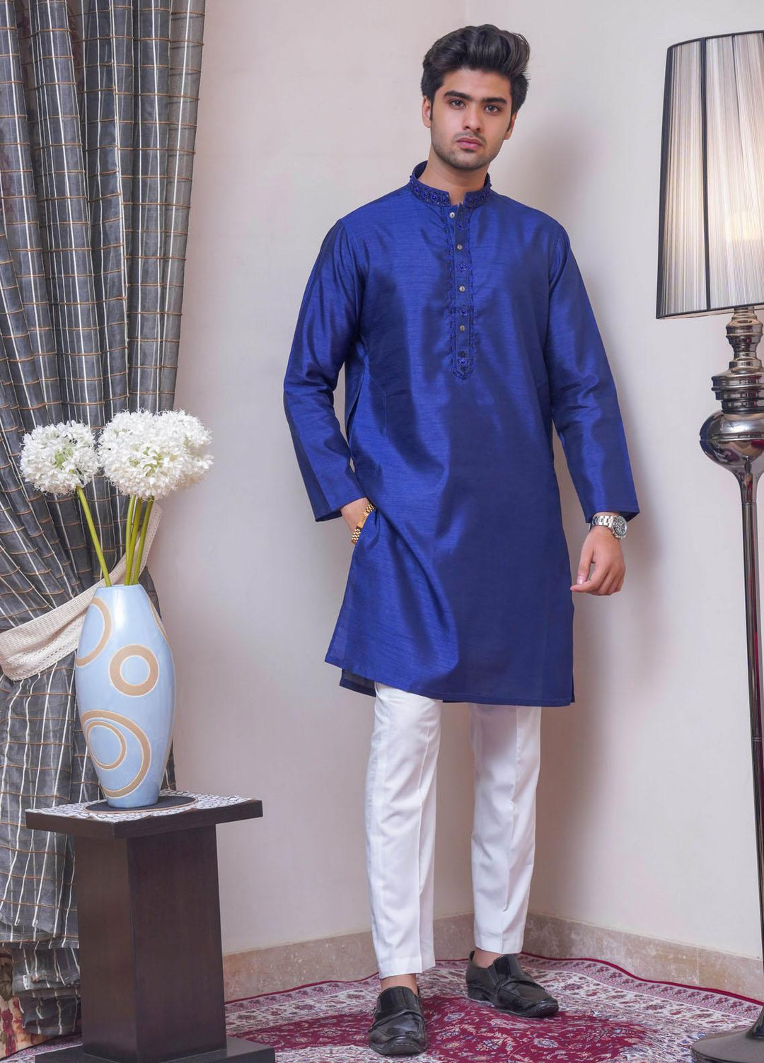 Real Image Raw Silk Formal Men Kurta -  D-486 Blue