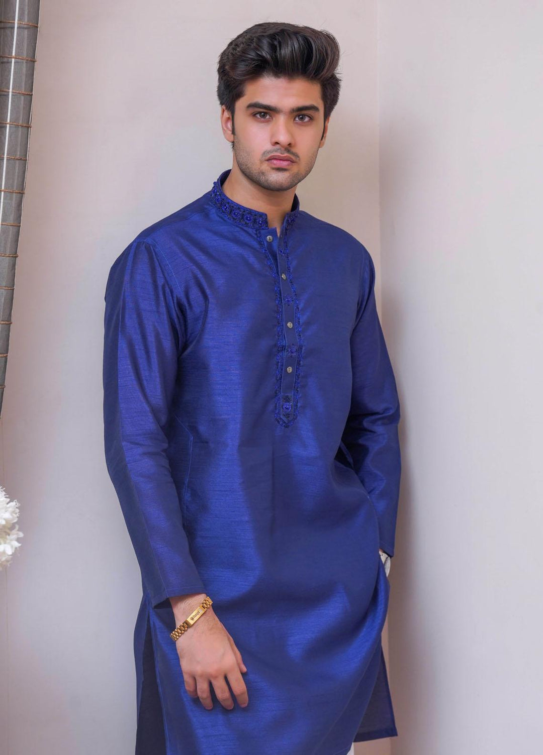 Real Image Raw Silk Formal Men Kurta -  D-486 Blue