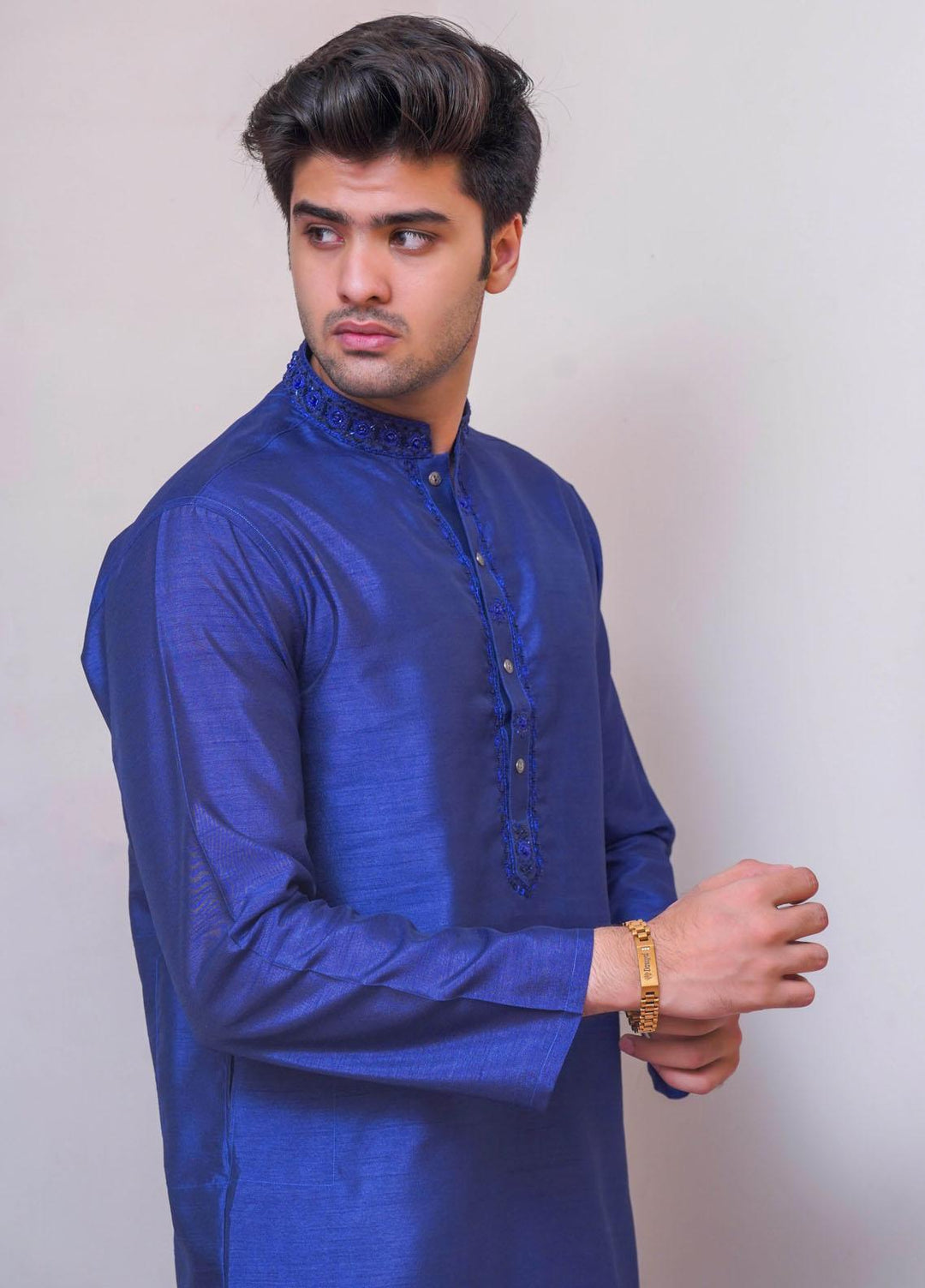 Real Image Raw Silk Formal Men Kurta -  D-486 Blue